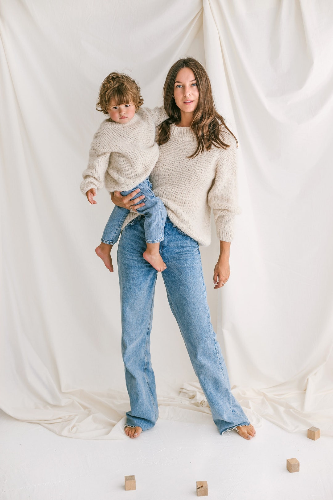 Matching Mommy and Me Cable Knit Sweaters, White Me Mini Me