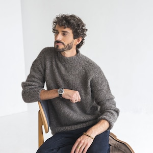 Men&#39;s knitted gray alpaca wool sweater, grey cable knit jumper for man, minimalist men pullover, gift for him, hand made thick winter pull