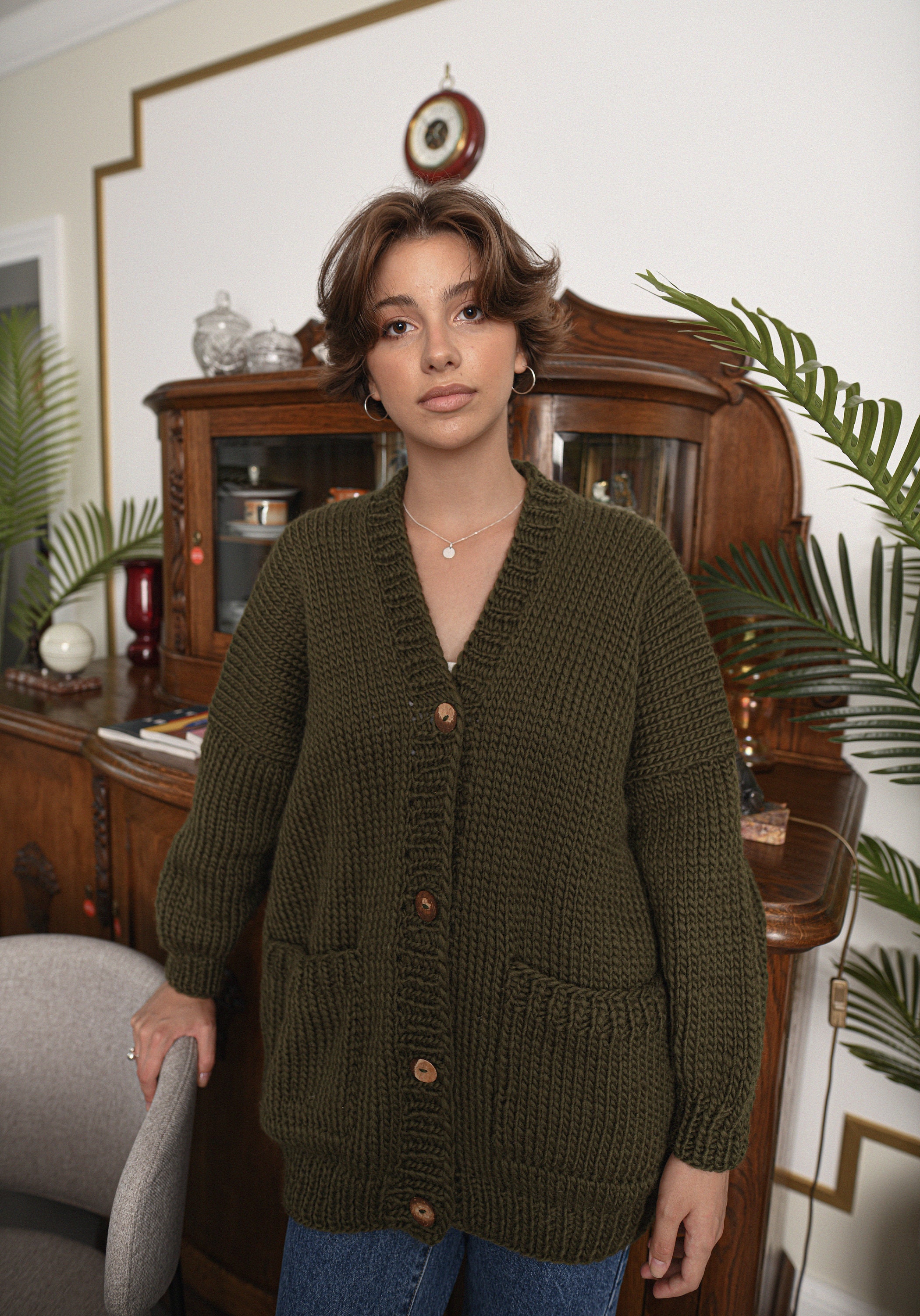 Moss Green Wool Cardigan With Buttons and Deep Pockets