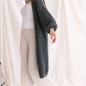 Long Dark Gray Mohair Cardigan, Chunky knit, Oversized Alpaca Wool Sweater, Fuzzy Boho Cardigan, Fluffy Grey Woman Jacket, Balloon Sleeves image 4