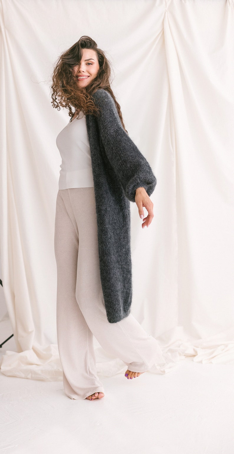 Long Dark Gray Mohair Cardigan, Chunky knit, Oversized Alpaca Wool Sweater, Fuzzy Boho Cardigan, Fluffy Grey Woman Jacket, Balloon Sleeves image 4