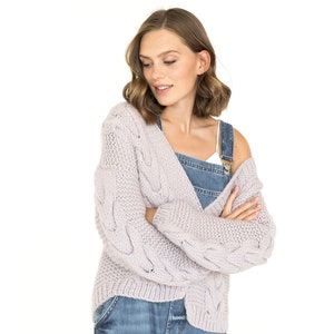 Light purple calbe knit cardigan, chunky knit cardigan, oversized alpaca and wool sweater. image 4