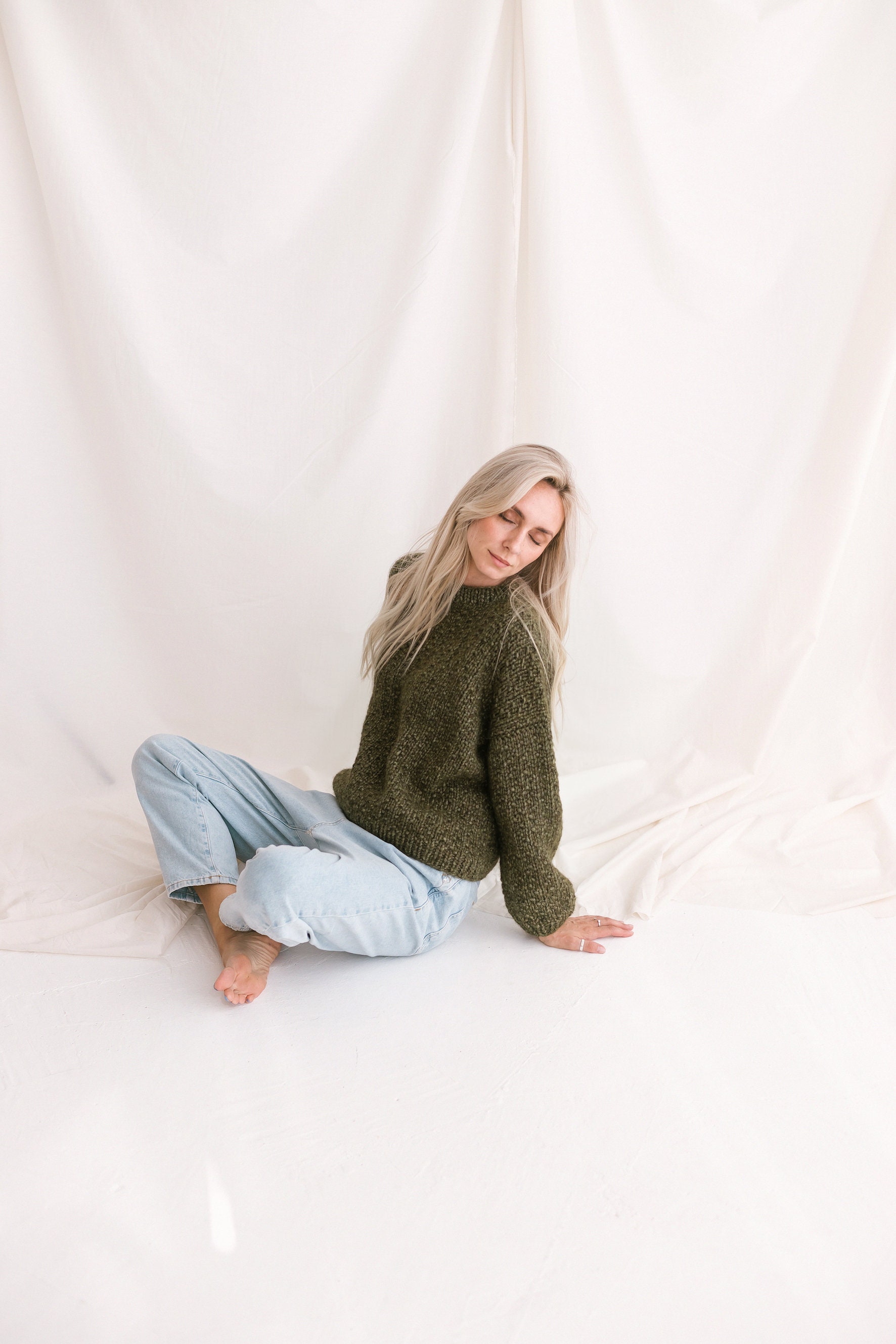 Olive Green Merino Wool Sweater Chunky Loose Knit Long Tunic