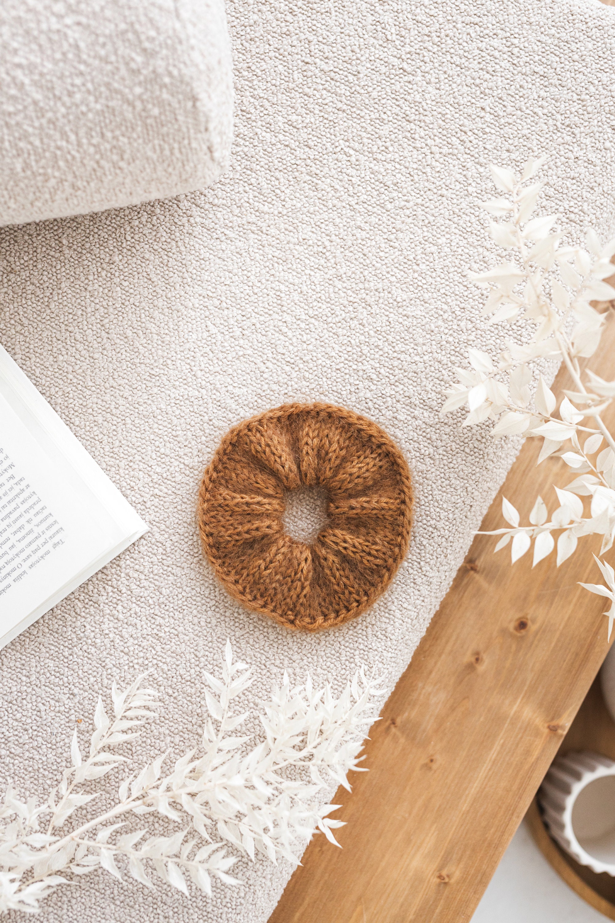 Brown mohair cable knit hair scrunchies, camel taupe fluffy women's knitted ties, beige handmade alpaca wool hair accessories for woman,gift