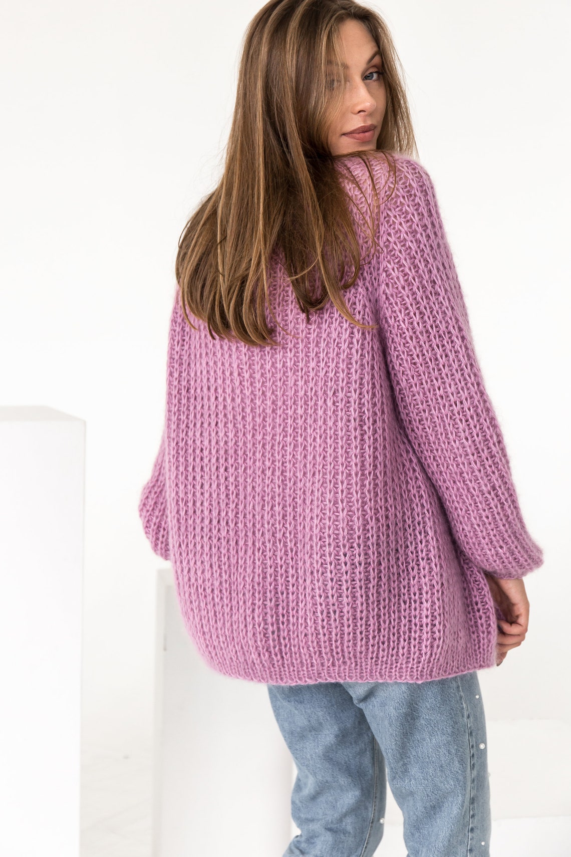 Cable Knit Mohair Cardigan Pink Mohair Sweater Fuzzy Etsy