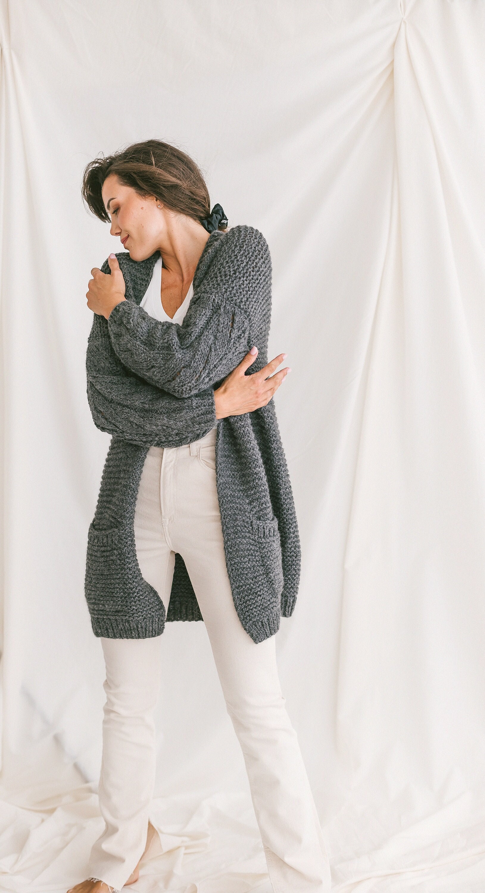 Gray Oversized Alpaca Cardigan, Chunky Knit Cardigan With