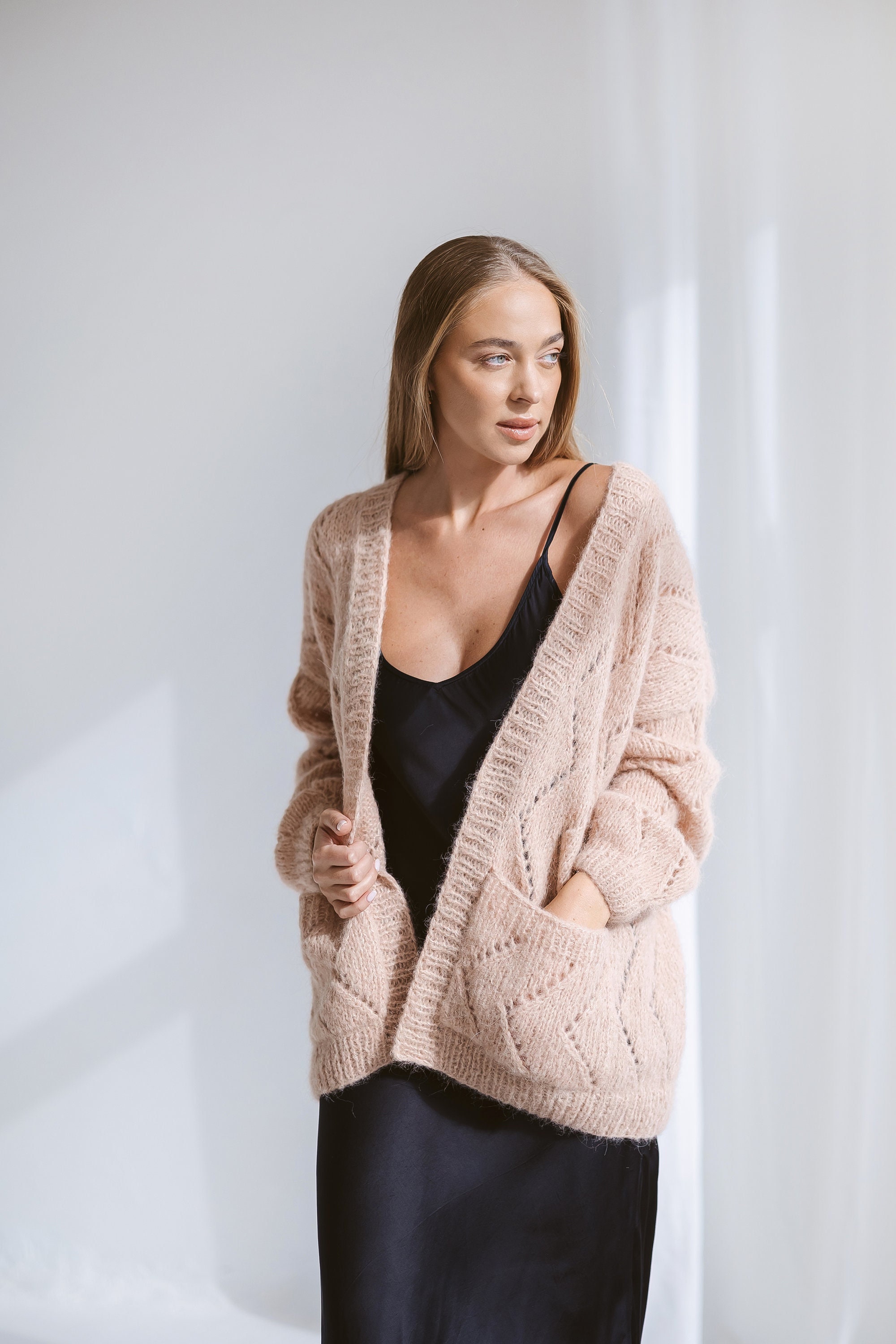 Pink Cable Knit Alpaca Cardigan With Deep Pockets, Open Front