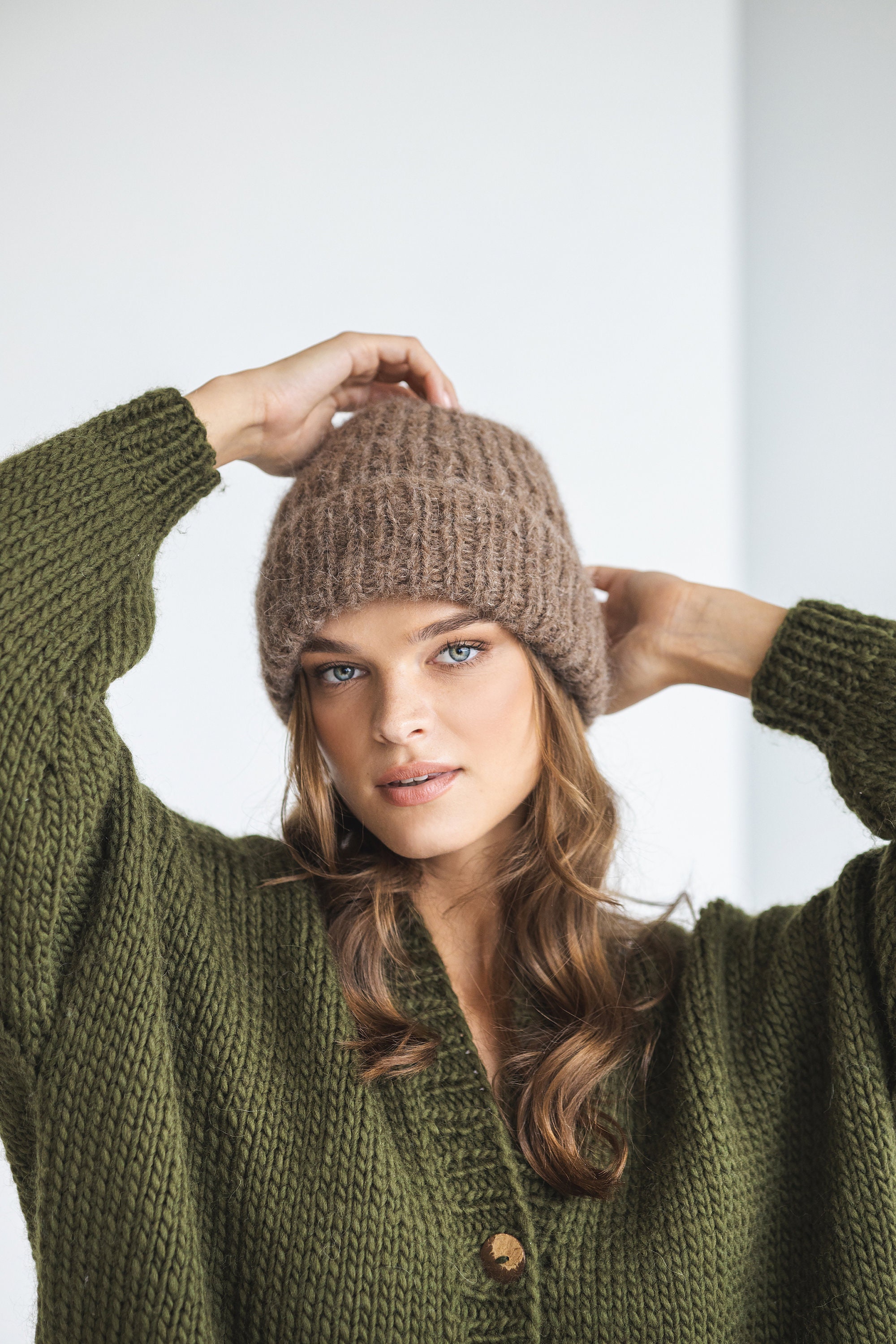 Brown Ribbed Alpaca Beanie, Beige Women Knitted Hat, Camel  display picture 2