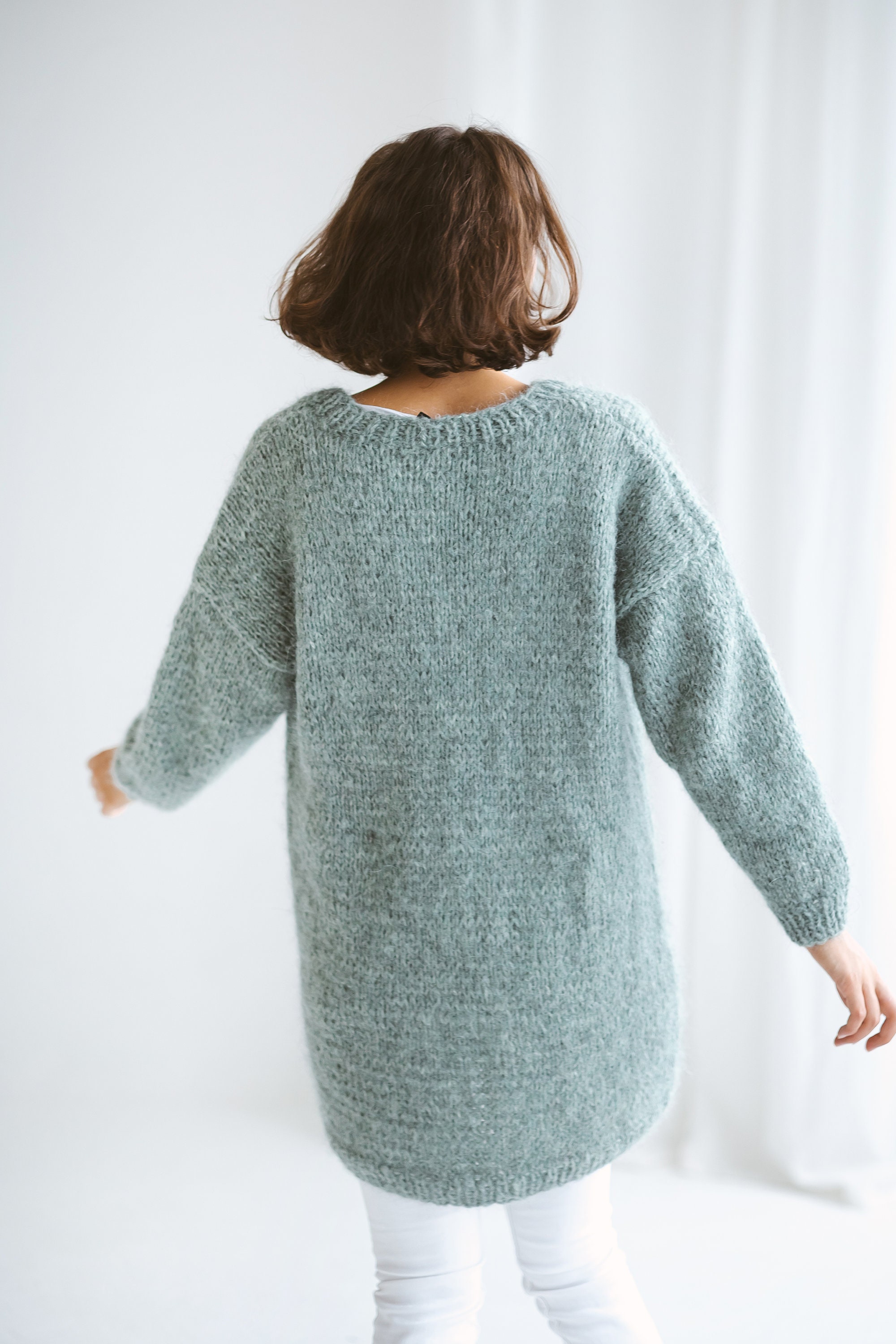 Sea Green Alpaca Cardigan With Pockets, Relaxed Fit Cable