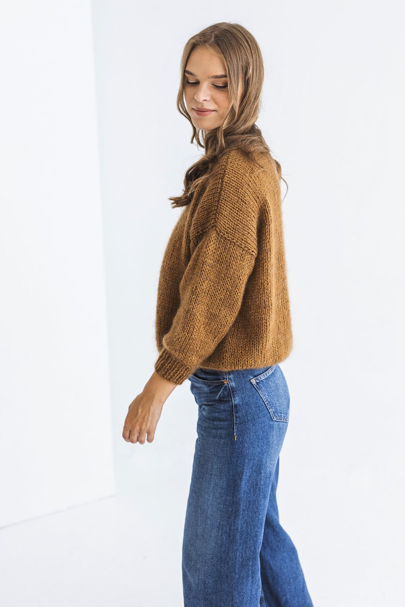 Camel brown mohair knitted fluffy sweater, taupe alpaca wool blend jumper, caramel fuzzy cable knit pullover, slightly oversized thick pull image 4