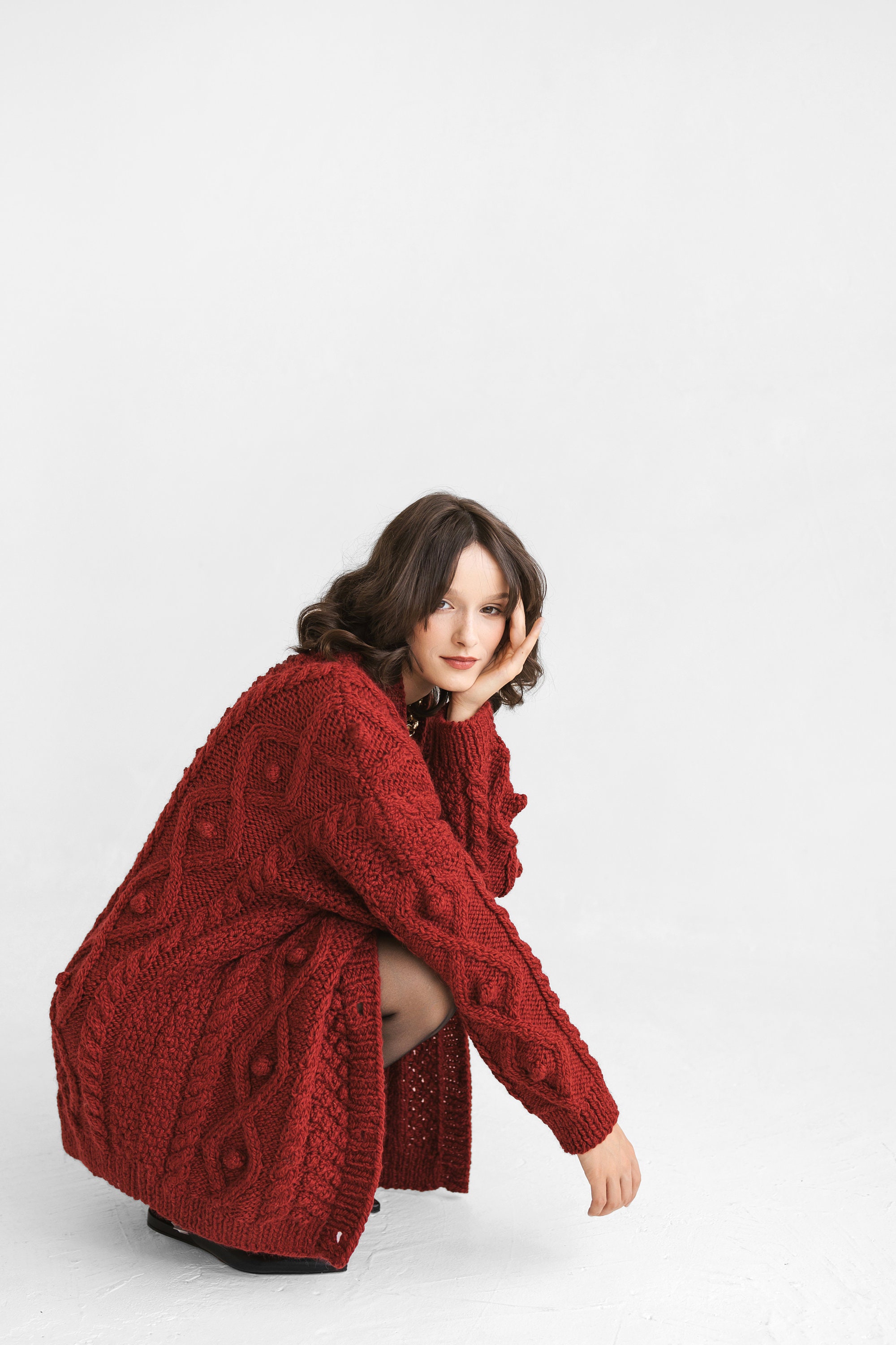 Dark Red Oversized Alpaca Cardigan With Buttons, Burgundy Dark Red Oversized Alpaca Cardigan With Buttons, Burgundy