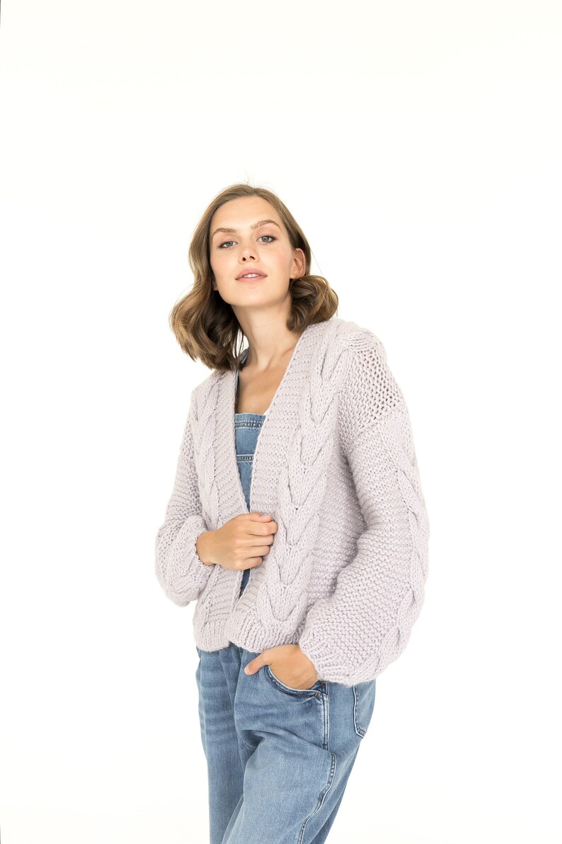 Light purple calbe knit cardigan, chunky knit cardigan, oversized alpaca and wool sweater. image 5