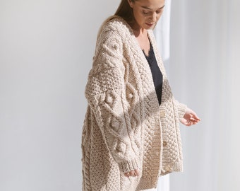 Beige Oversized Alpaca Cardigan With Buttons, Chunky Cable Knit Cardigan, Creamy Irish Women Sweater, Handmade Wool Cardigan For Women, Gift