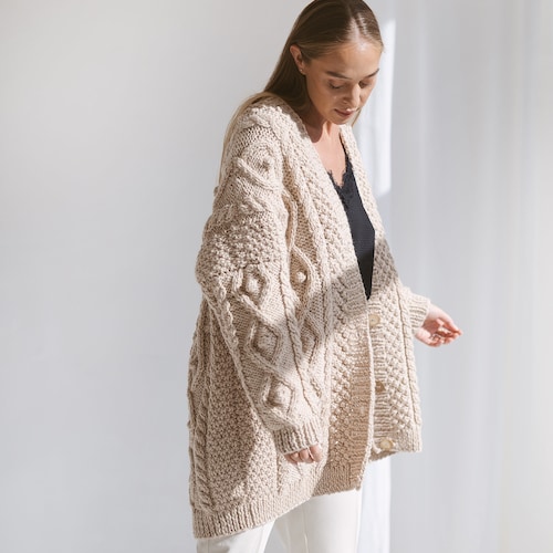 Beige Oversized Alpaca Cardigan With Buttons, Chunky Cable Knit