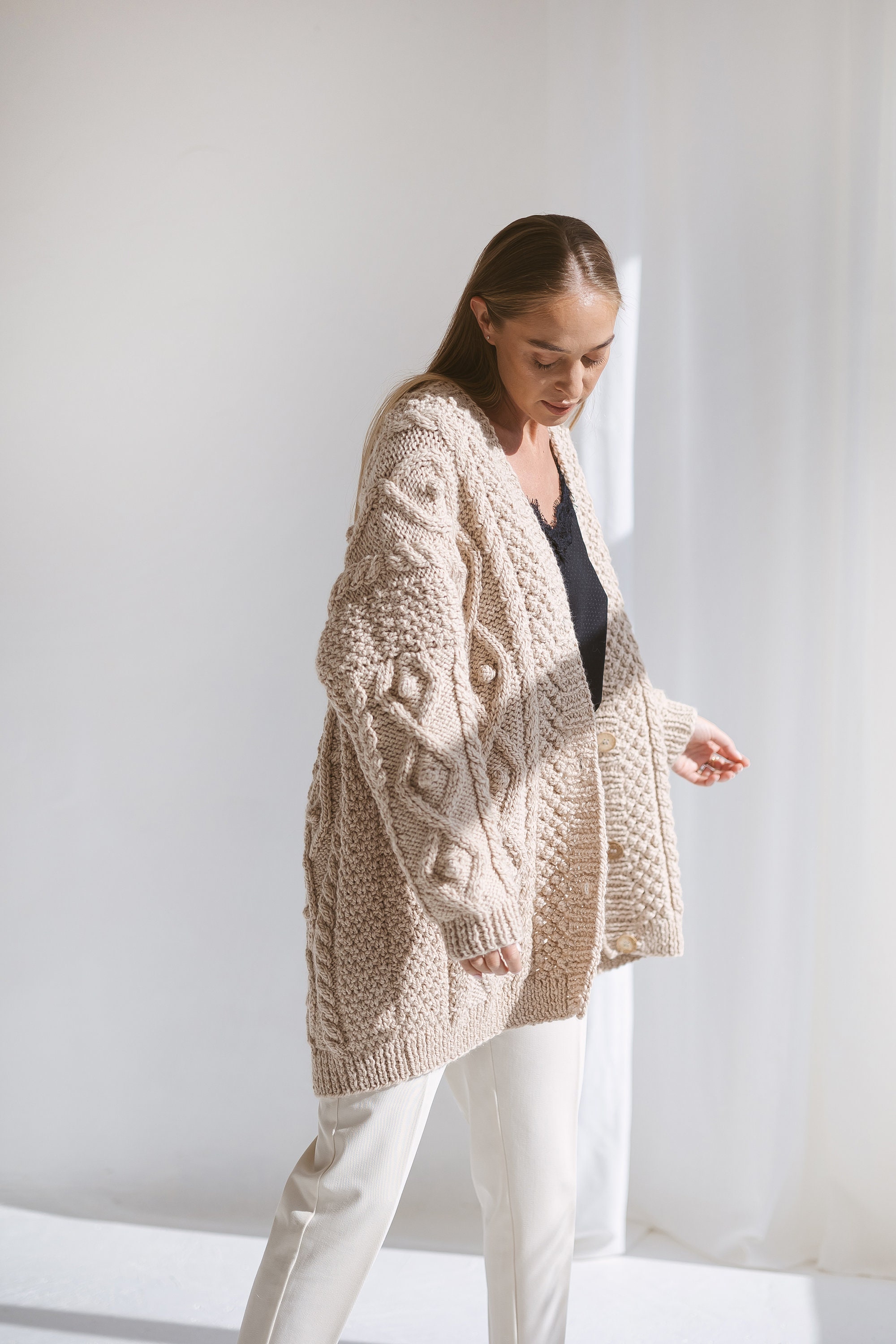 Beige Oversized Alpaca Cardigan With Buttons, Chunky Cable Beige Oversized Alpaca Cardigan With Buttons, Chunky Cable