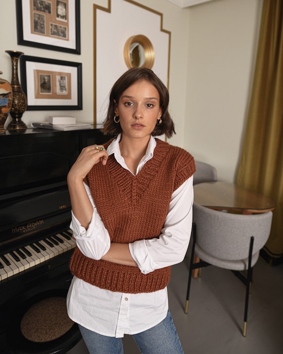 Rust Knit Sweater Vest, Burned Orange Cable Knit Wool Top, Ginger