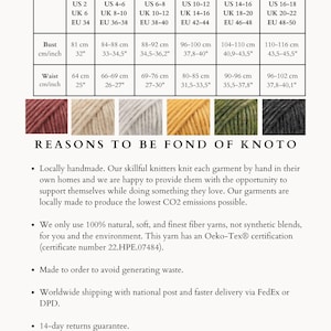 May include: Size chart for women's clothing with measurements in inches and centimeters. The chart shows sizes XS through XXL with corresponding bust and waist measurements. The chart is accompanied by a description of the brand's commitment to handmade, sustainable, and ethical practices.