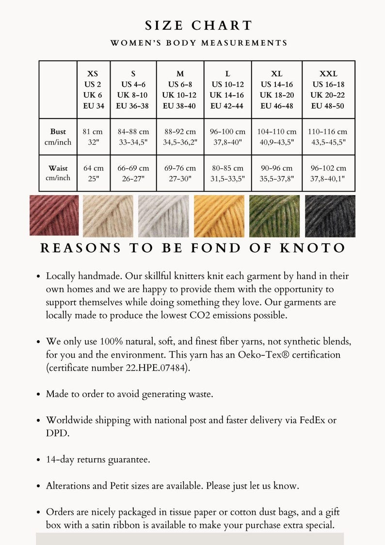 May include: Size chart for women's clothing with measurements in inches and centimeters. The chart shows sizes XS through XXL with corresponding bust and waist measurements. The chart is accompanied by a description of the brand's commitment to handmade, sustainable, and ethical practices.