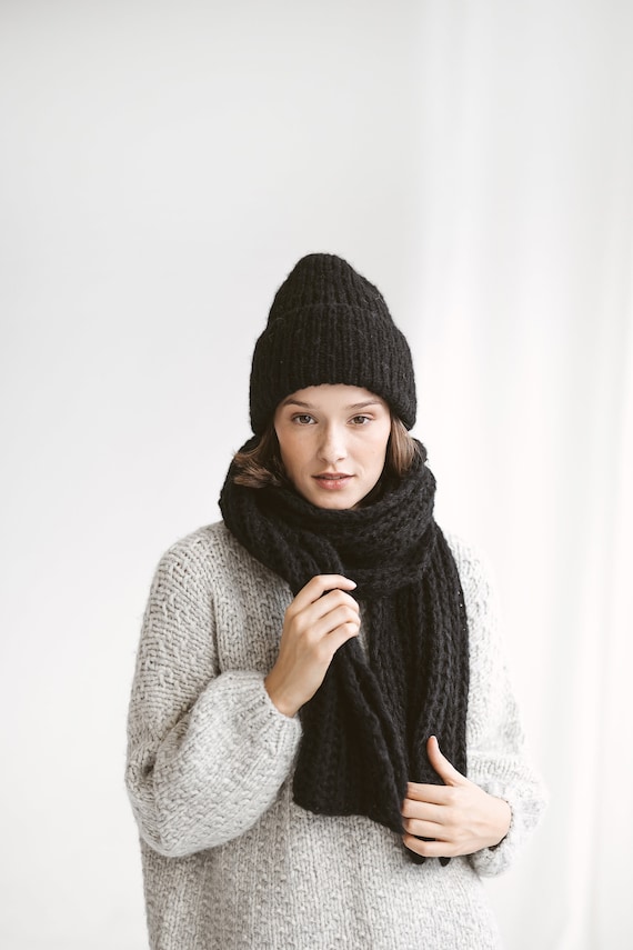 Black Alpaca Scarf and Hat Set, Cable Knit Winter Scarf and Cap Set, Chunky  Knitted Blanket Scarf and Beanie Set. Unisex, Women, Men, Gift. - Etsy