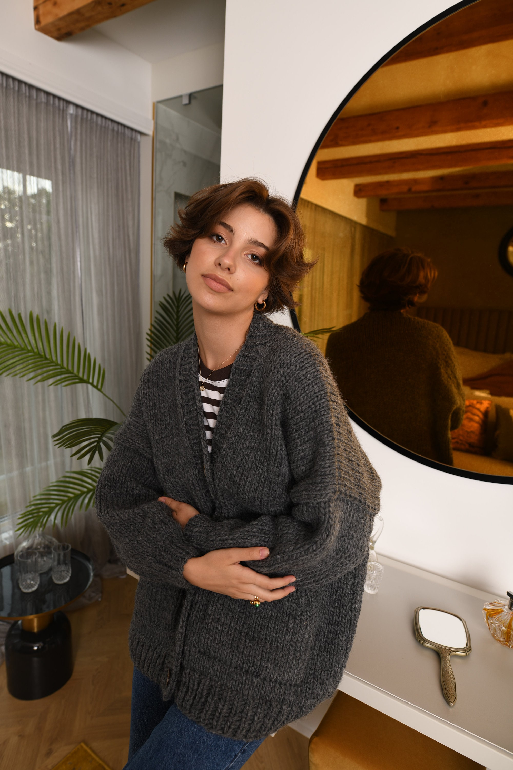 Gray Wool Cardigan With Buttons and Deep Pockets, Dark Grey