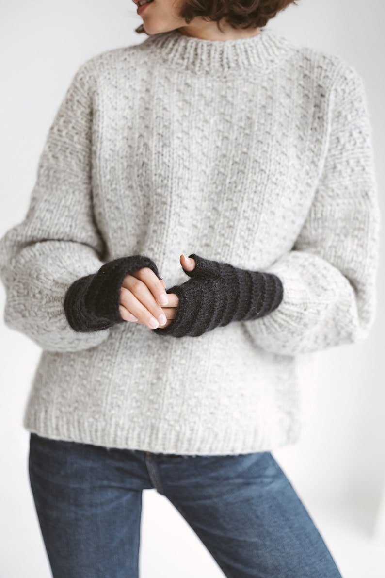 Gray mohair fingerless gloves, grey cable knit mittens, dark gray hand warmers, alpaca wool fingerless winter wrist warmers, long mittens image 6