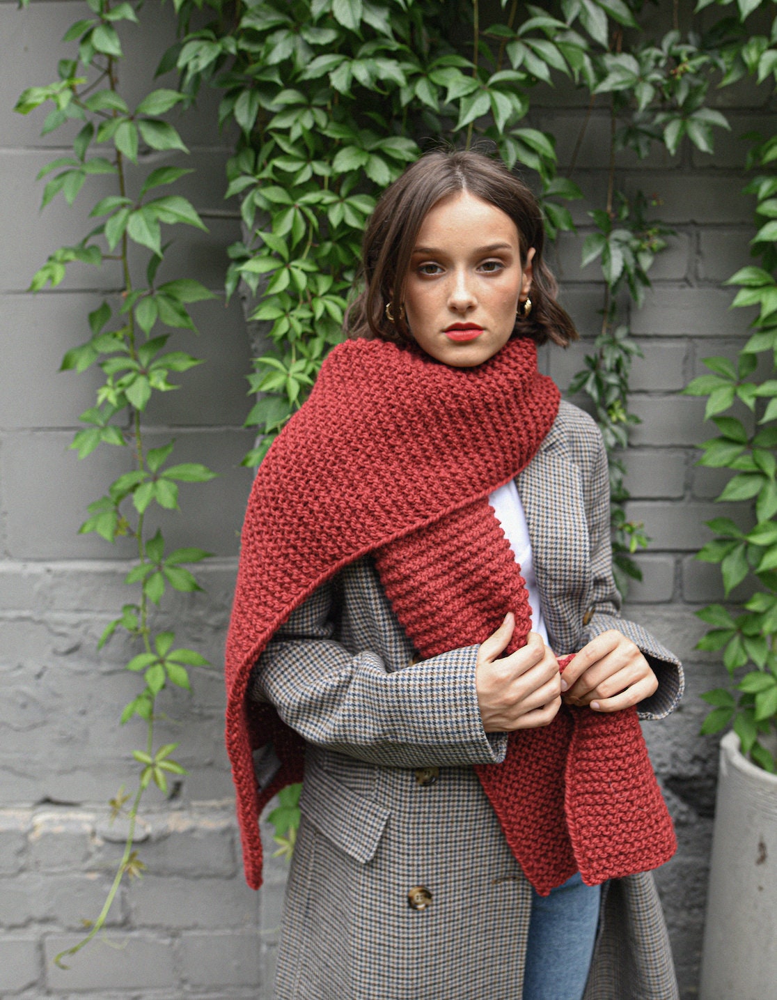 スカーフ Bordeaux Knitted Mohair Wool Scarf Bordeaux Alpaca Wool Scarf, Cherry Red Chunky Knit Long