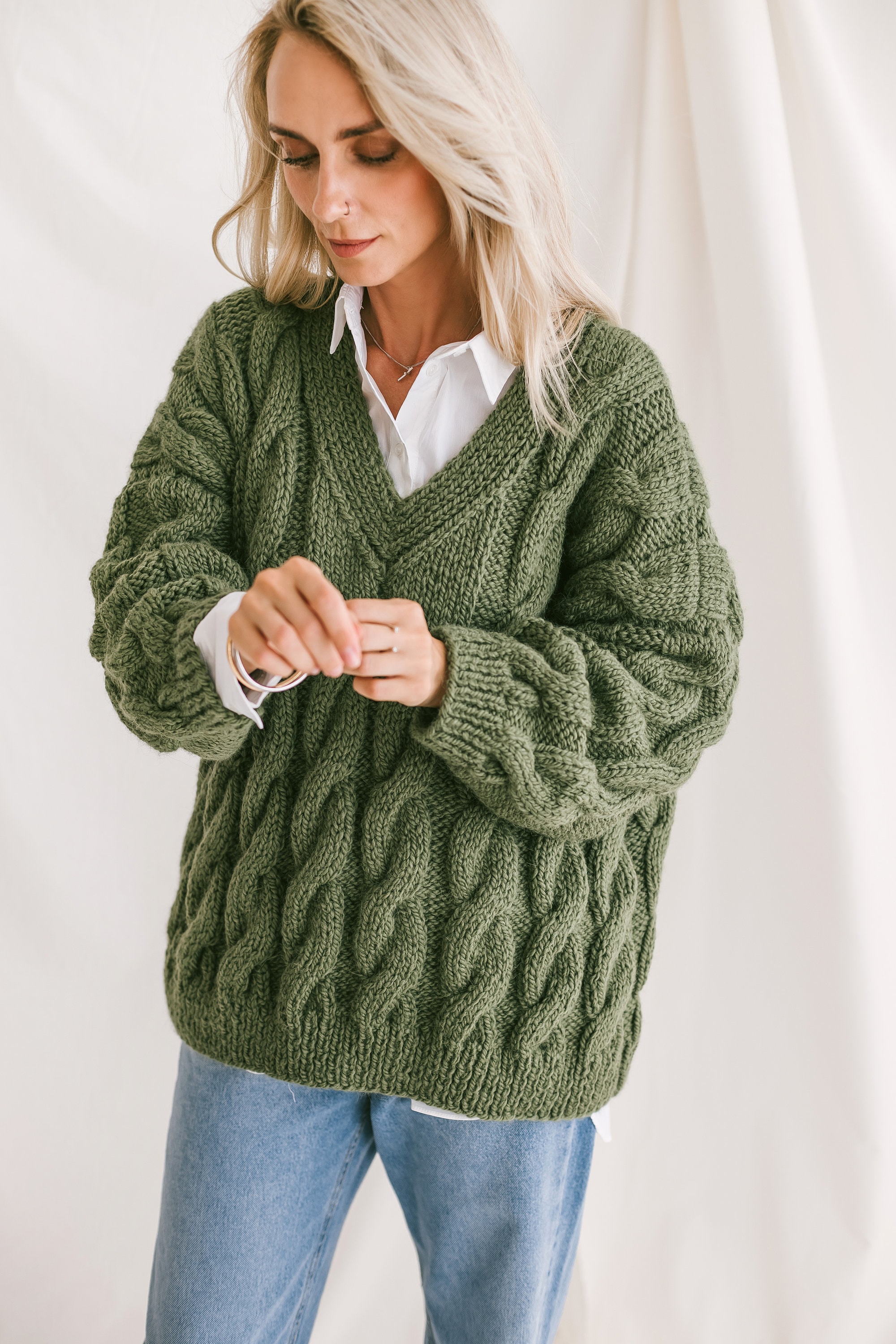 Green Oversize Alpaca Sweater, Chunky Forest Green Wool Sweater, V