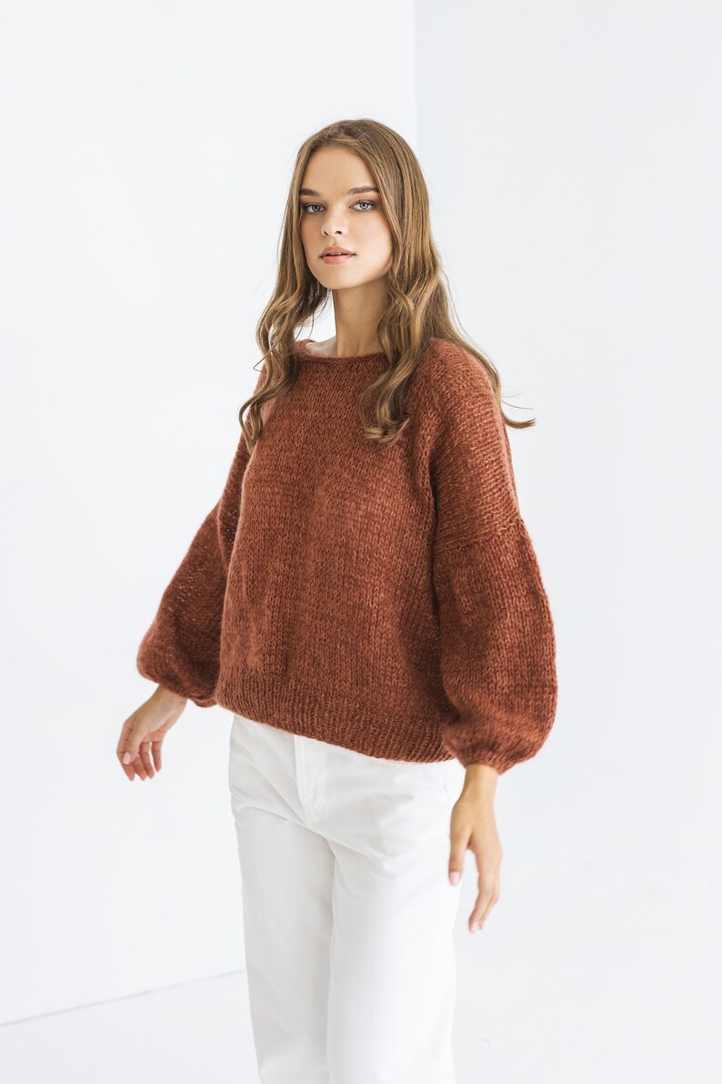 Rust Cable Knit Fluffy Mohair Sweater, Brown Oversized Chunky Knitted ...
