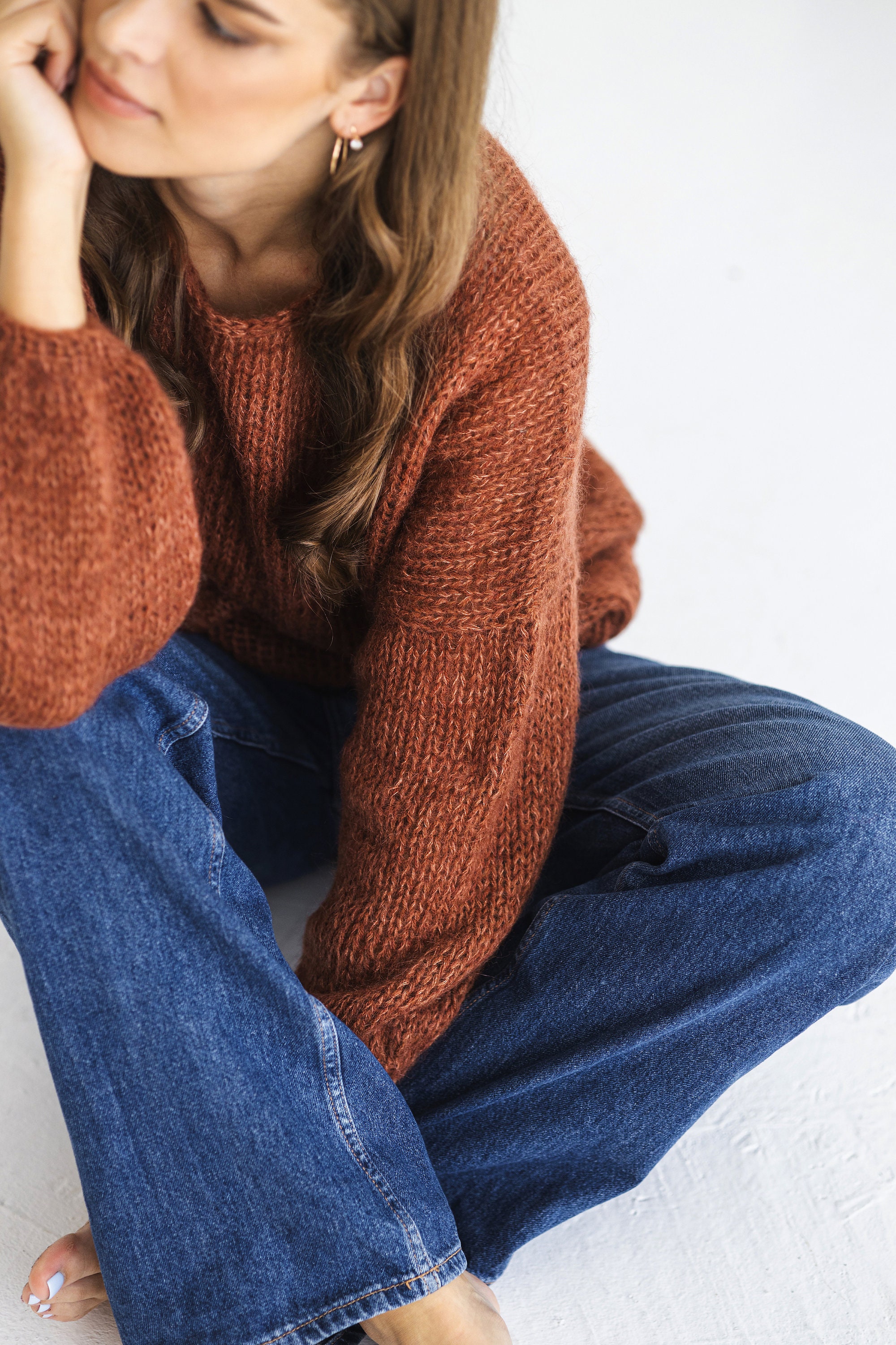 Rust Cable Knit Fluffy Mohair Sweater, Brown Oversized Chunky Knitted ...