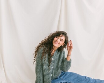 Sage Green Mohair Cardigan With Buttons, Alpaca Wool and Sage Green Mohair Cardigan With Buttons, Alpaca Wool and