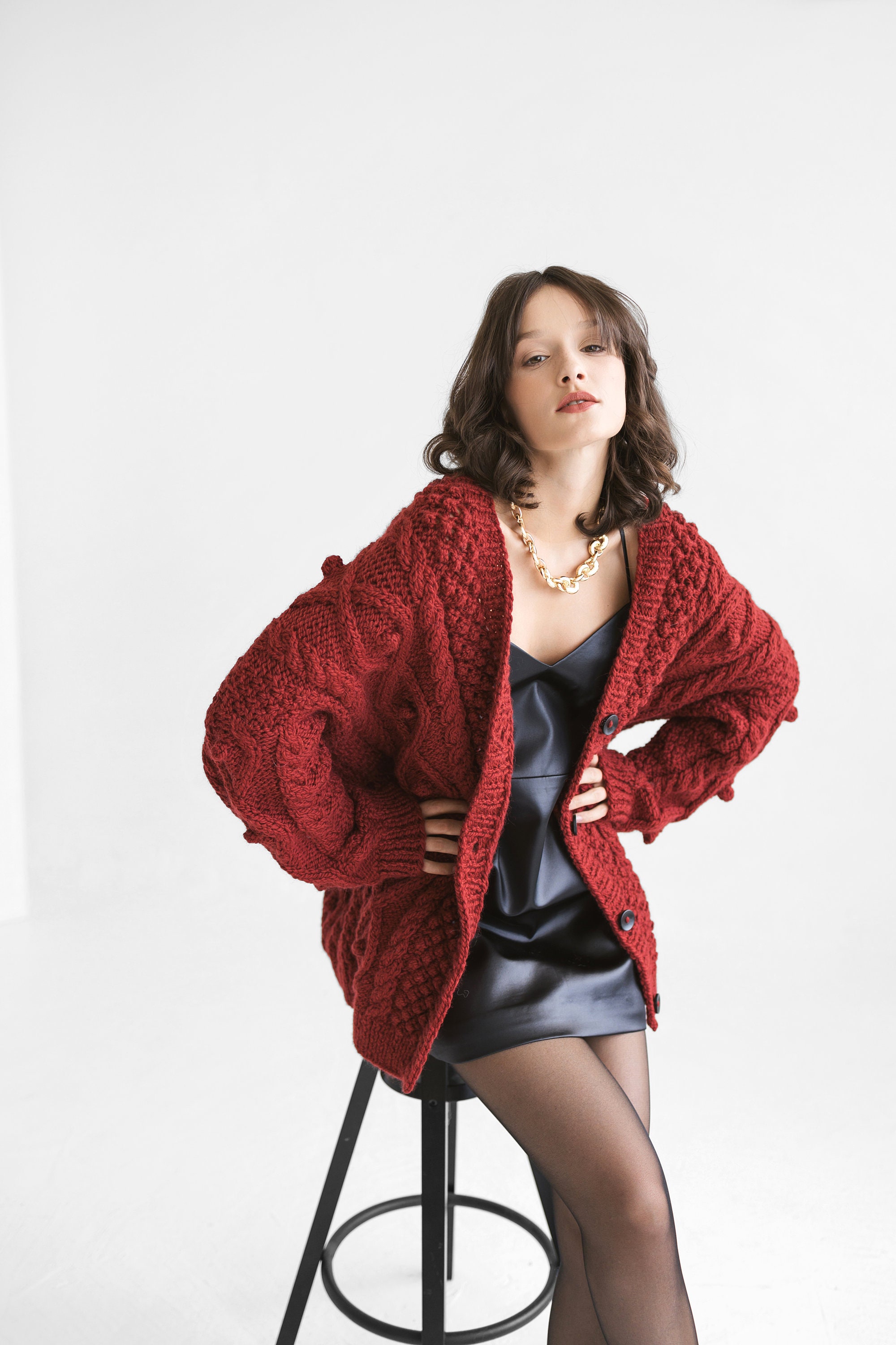 Dark Red Oversized Alpaca Cardigan With Buttons, Burgundy Wine