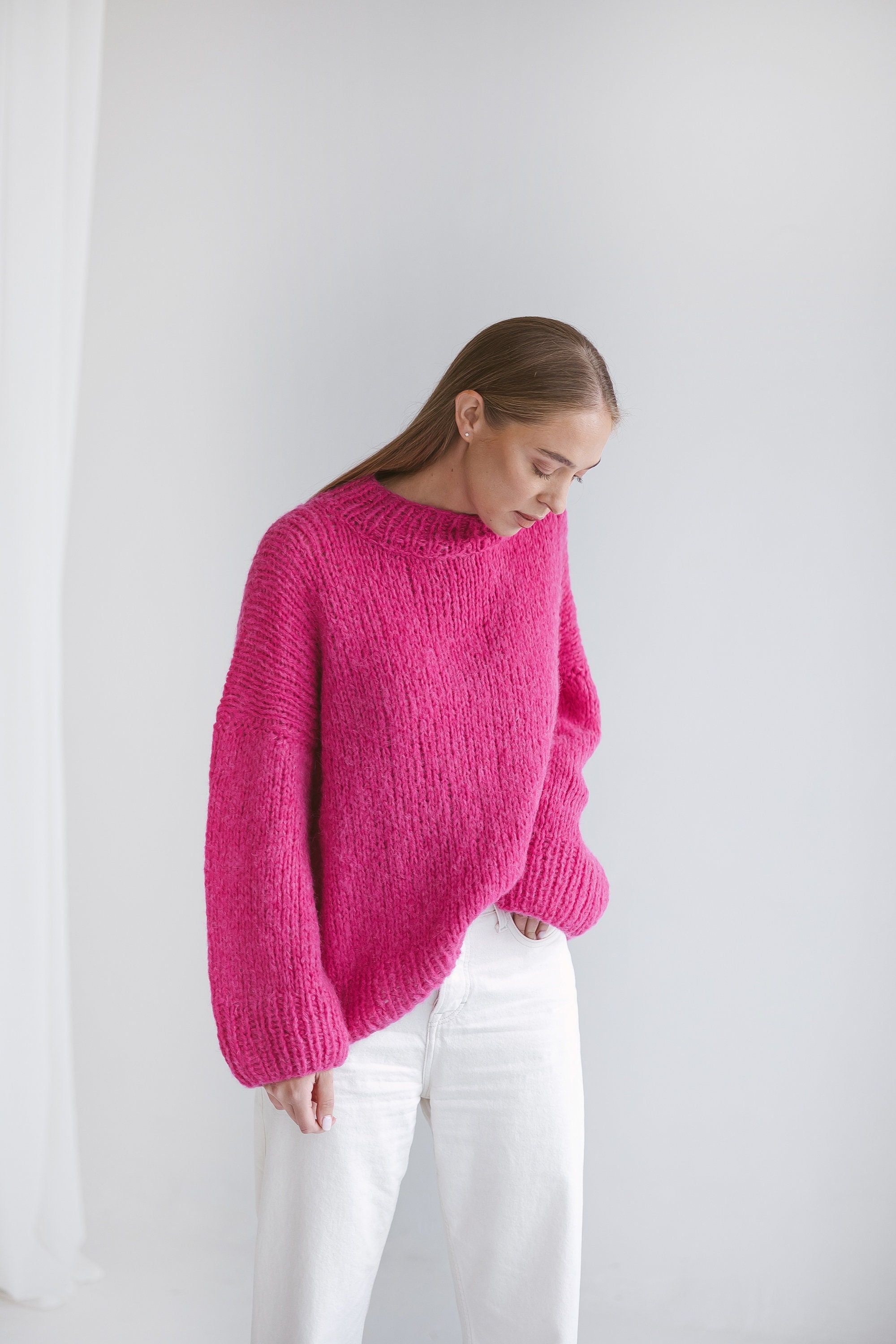 Pink Oversized Sweater, Cerise Red Knitted Jumper, Rose Pink Cable Knit  Alpaca Wool Pullover, Magenta Chunky Knit Women Jersey, Gift for Her 