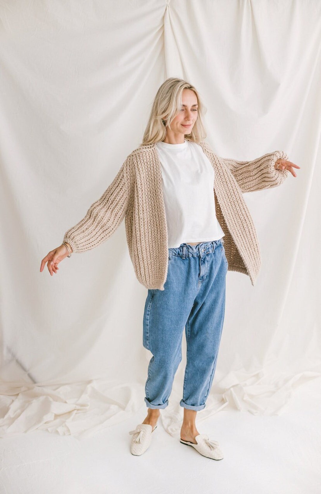 Beige Oversize Alpaca Cardigan, Chunky Fhishermans Rib Beige Oversize Alpaca Cardigan, Chunky Fhishermans Rib