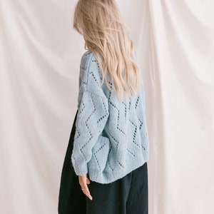 Light blue alpaca cardigan, knitted oversize sweater, cable knit sky blue cardigan, balloon sleeves, pastel lightweight boho loose cardigan