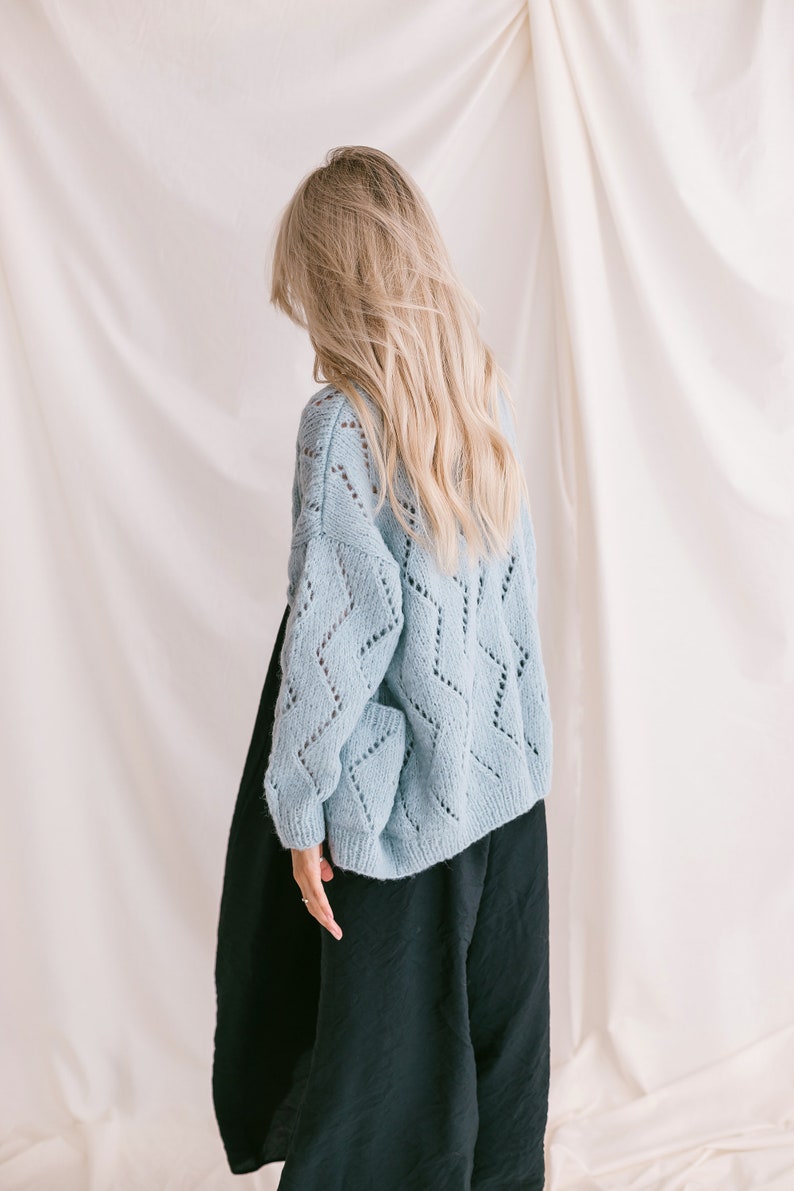 Light blue alpaca cardigan, knitted oversize sweater, cable knit sky blue cardigan, balloon sleeves, pastel lightweight boho loose cardigan