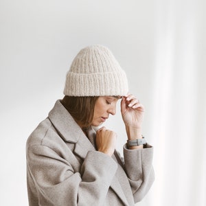 White fisherman alpaca beanie, milky women knitted hat, winter cable knit beanie, ribbed knit wool cap, gift for women, unisex skull beanie