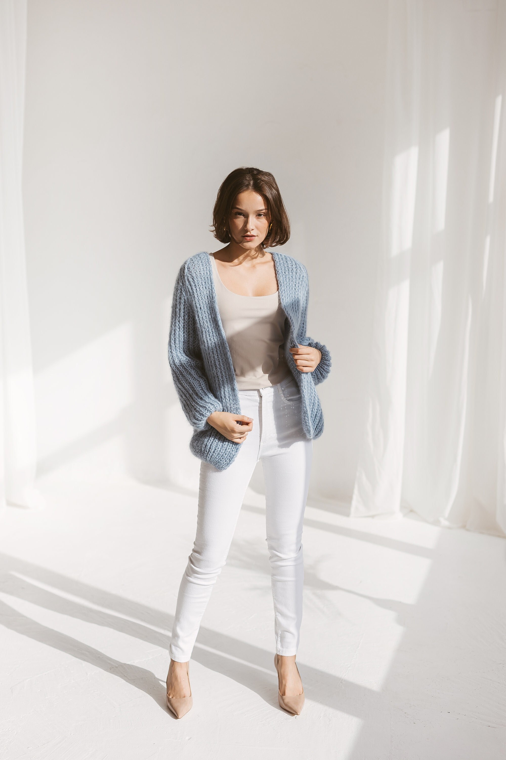 Light Blue Cable Knit Mohair Cardigan, Oversized Sky Blue Light Blue Cable Knit Mohair Cardigan, Oversized Sky Blue