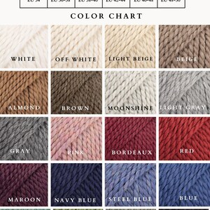 May include: A color chart and women's size chart. The color chart displays swatches of yarn in various colors, including white, beige, brown, pink, and blue. The size chart lists US and UK sizes.