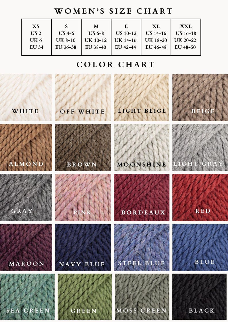May include: A color chart and women's size chart. The color chart displays swatches of yarn in various colors, including white, beige, brown, pink, and blue. The size chart lists US and UK sizes.