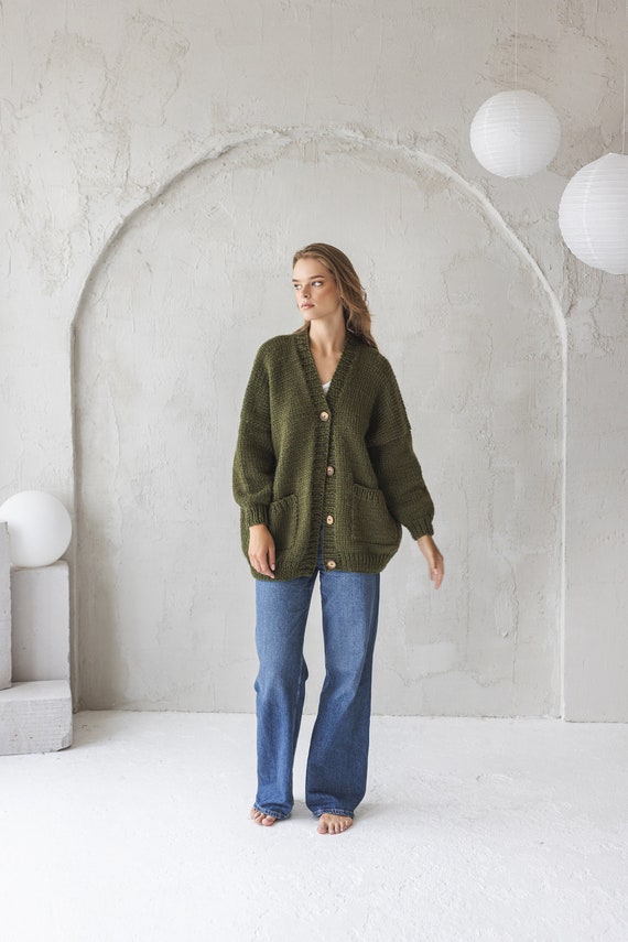 Buy Green Chunky Knit Wool Cardigan With Pockets and Buttons, Army