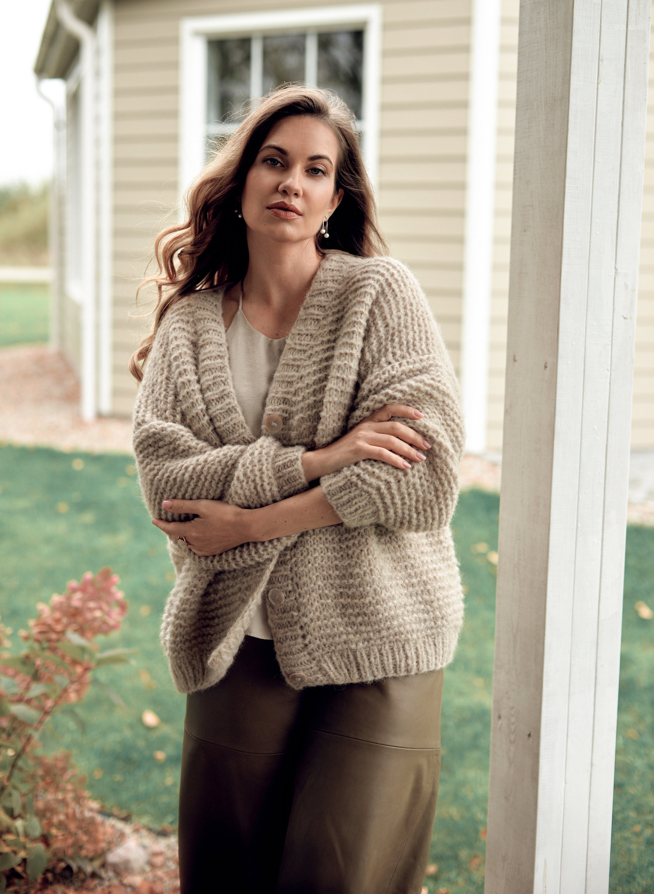Beige Cardigan With Buttons, Oversized Nude Cable Knit
