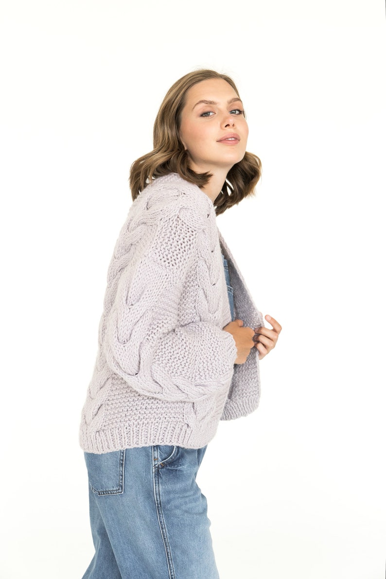 Light purple calbe knit cardigan, chunky knit cardigan, oversized alpaca and wool sweater. image 6