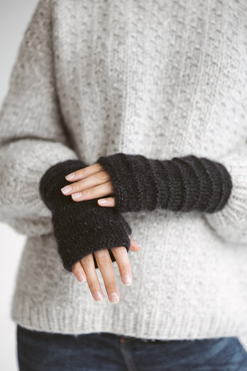 Black mohair fingerless gloves, cable knit women mittens, knitted hand warmers, alpaca wool fingerless winter gloves, gift, long warm gloves image 1