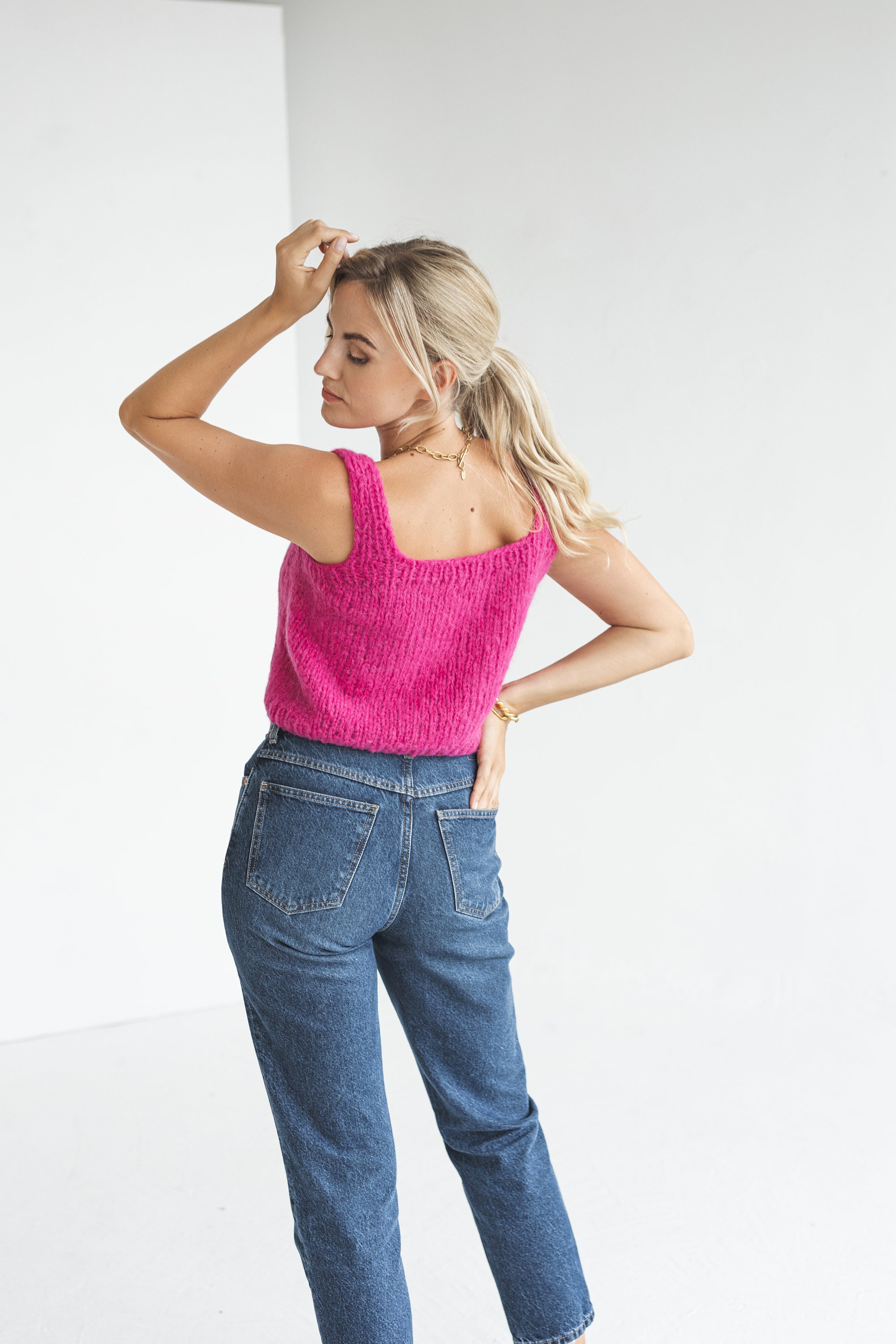 Matching Cerise Pink Cable Knit Cropped Tank Top and Cardigan Set