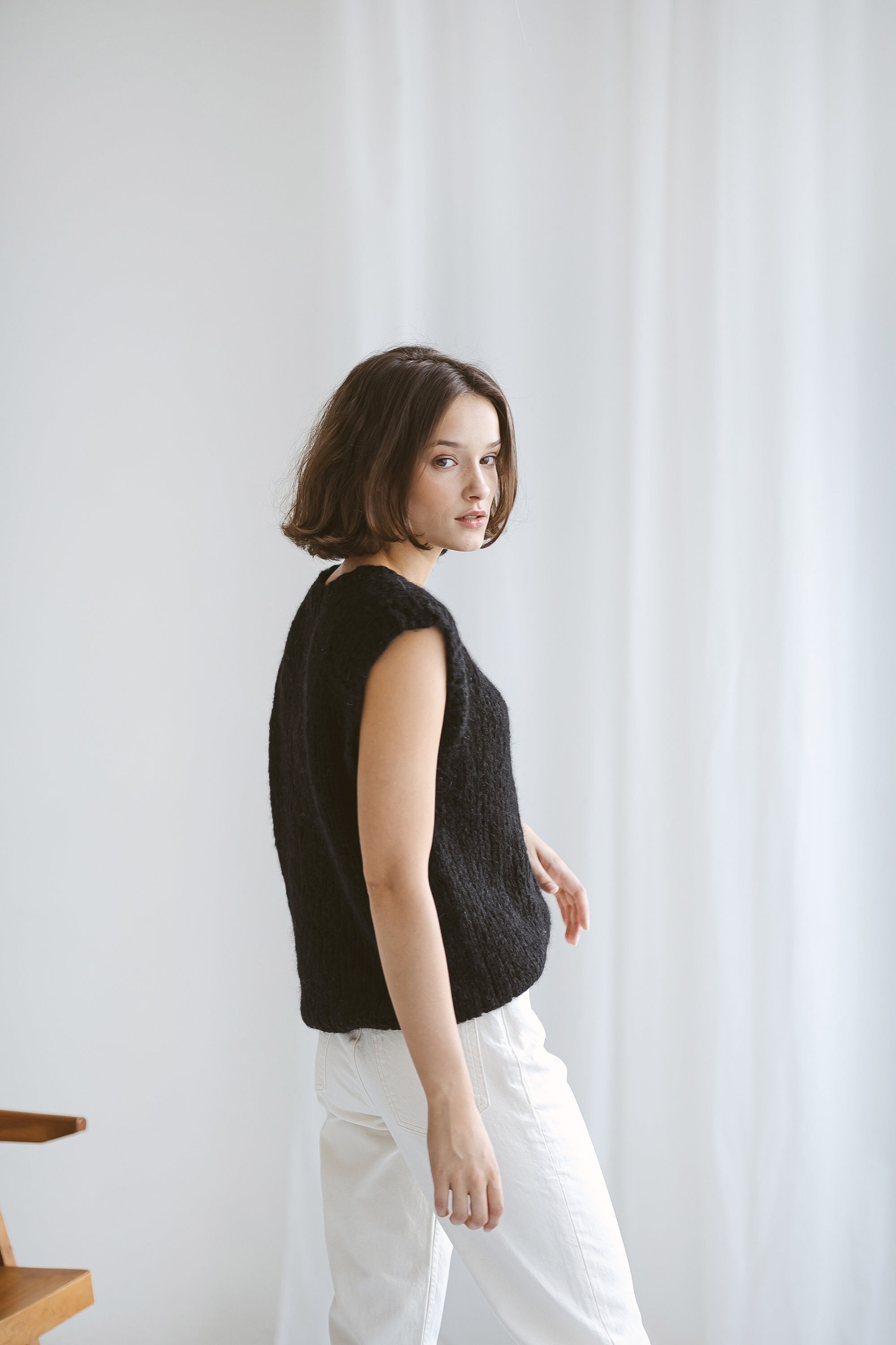 Black Knitted Sweater Vest, Cable Knit Alpaca Wool Knit Top