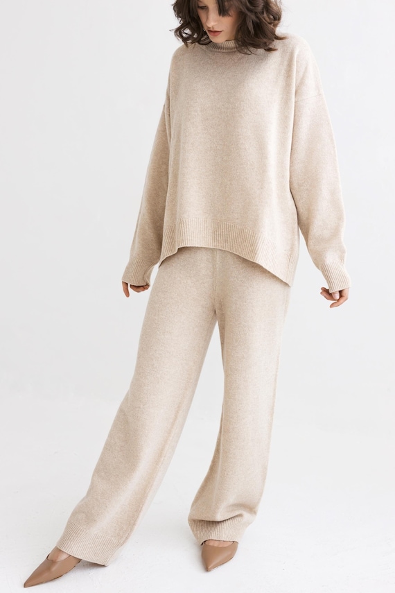 Beige Loungewear Knitted Merino Wool Wide Leg Pants for Women Camel Lounge Petite and Tall Knit High Waisted Women s Trousers Relaxed Fit Etsy