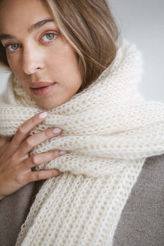 Ribbed Knit White Mohair Scarf, Long Milky Cable Knit