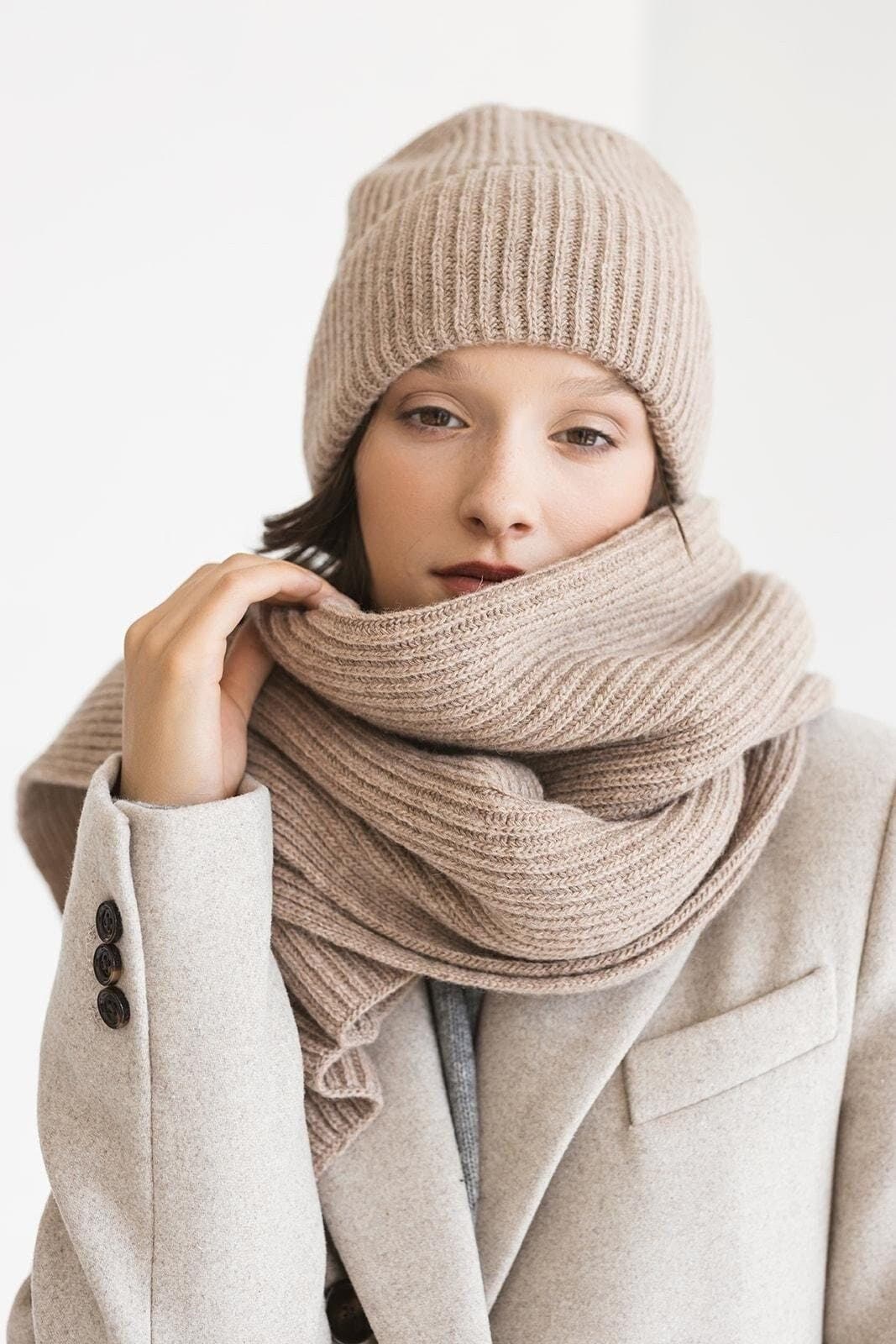 Long Soft Beige Ribbed Knit Merino Wool Women's Scarf And Hat Set, Camel Knitted Fall Winter Neck Warmer And Beanie Set, Gift For Girlfriend