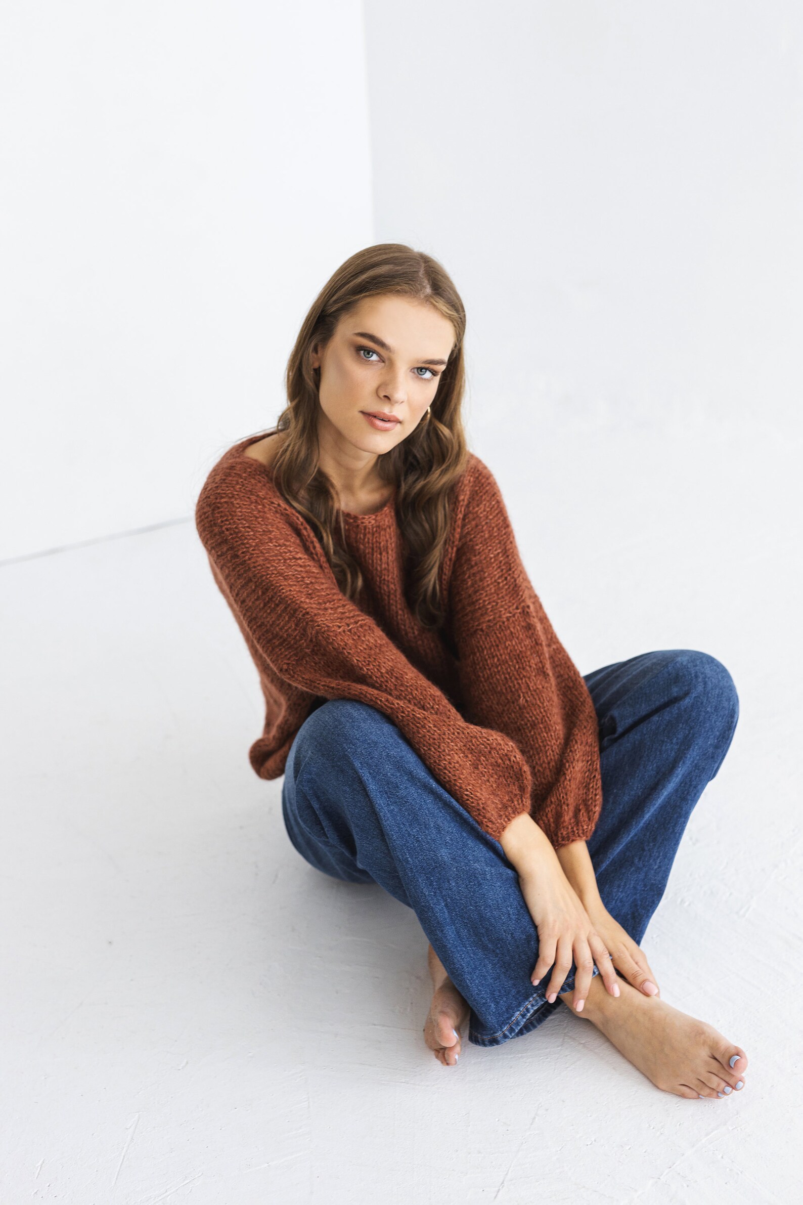 Rust Cable Knit Fluffy Mohair Sweater, Brown Oversized Chunky Knitted ...