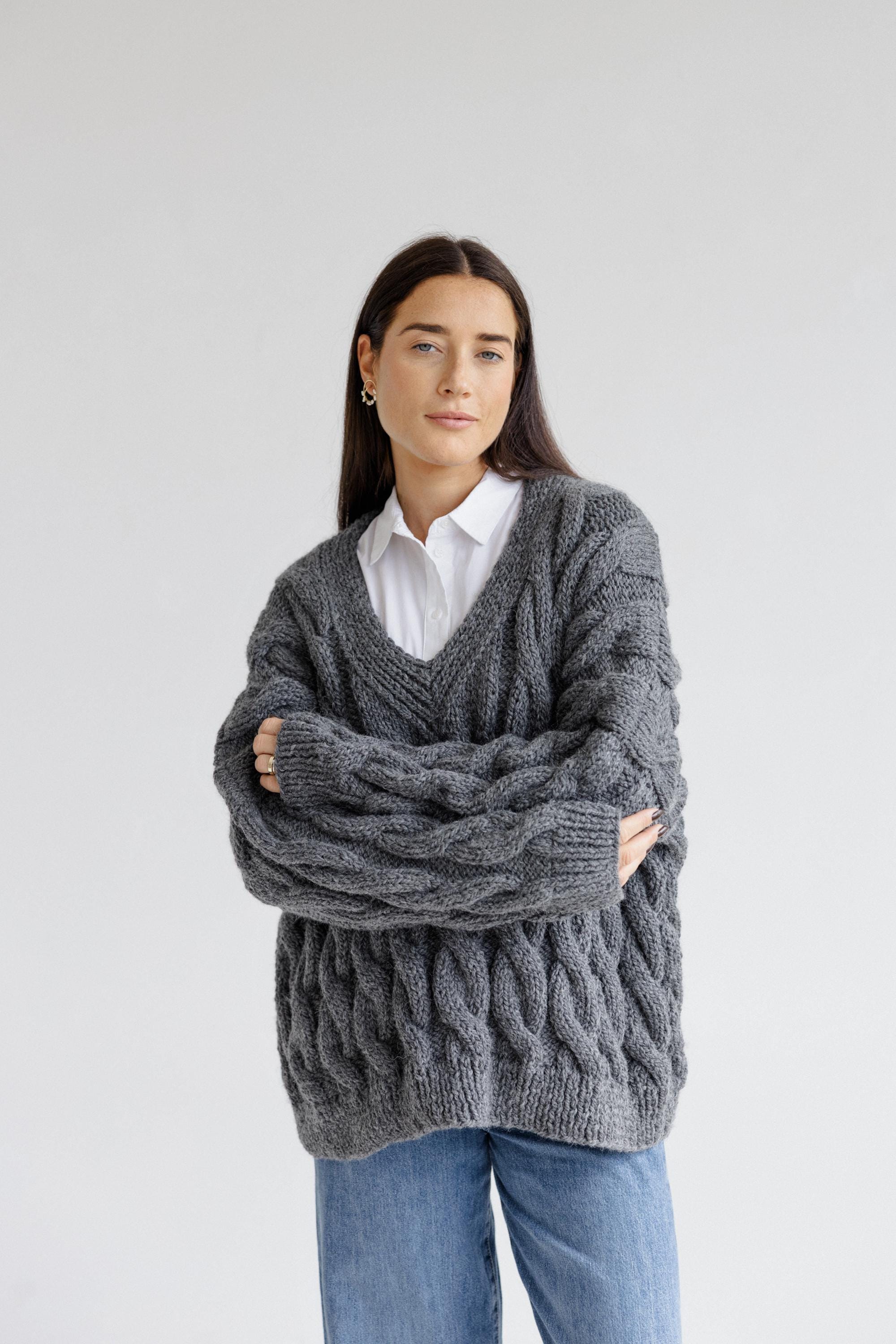 Green Oversize Alpaca Sweater, Chunky Forest Green Wool Sweater, V